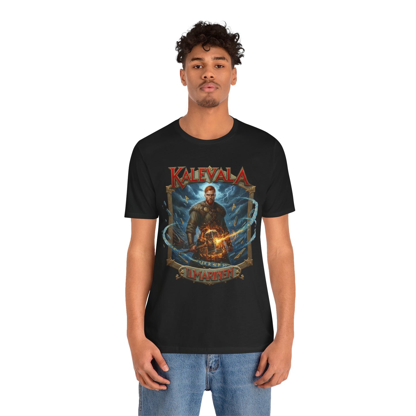 Ilmarinen Kalevalan ilman ja tuulen jumala sekä kosminen seppä Teepaita — Retro Graphic T-Shirt