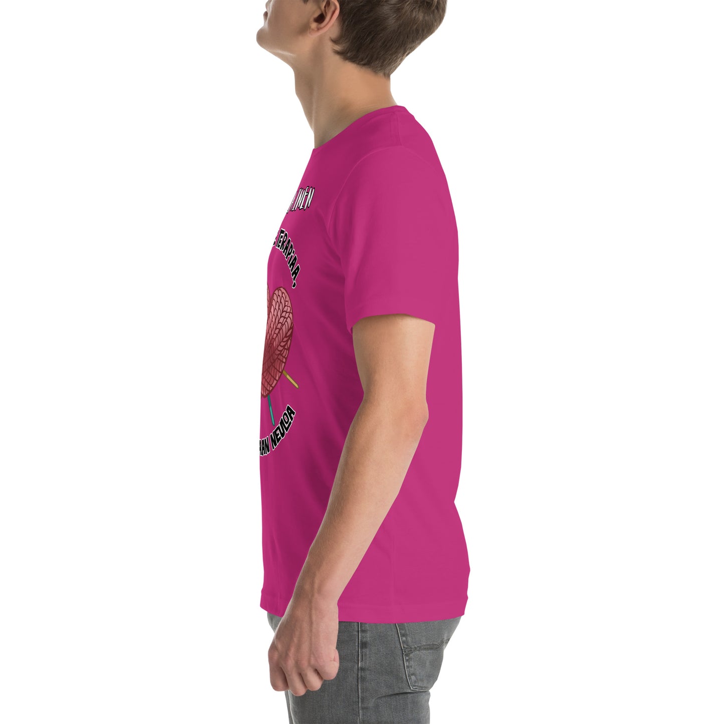 Unisex t-paita: oma teksti + en tarvitse terpiaa, jos vain saan neuloa