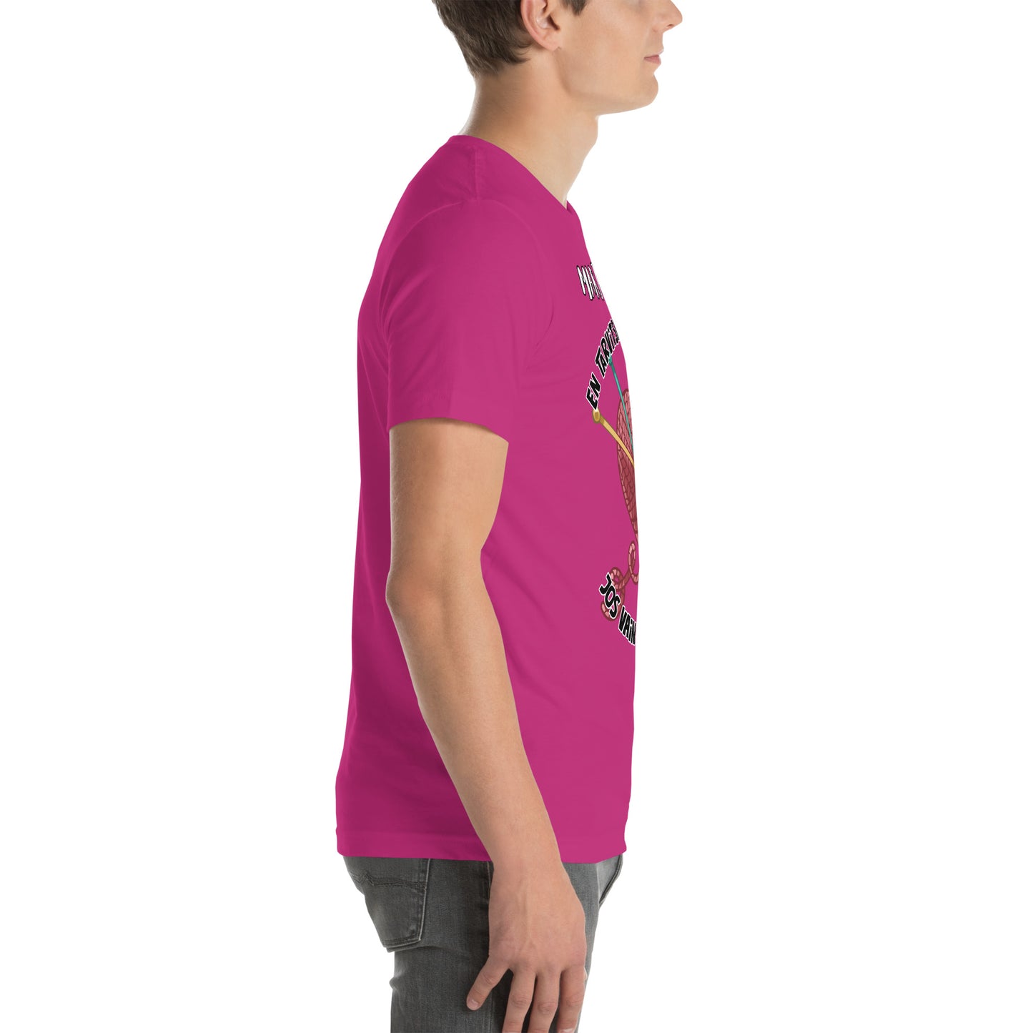 Unisex t-paita: oma teksti + en tarvitse terpiaa, jos vain saan neuloa