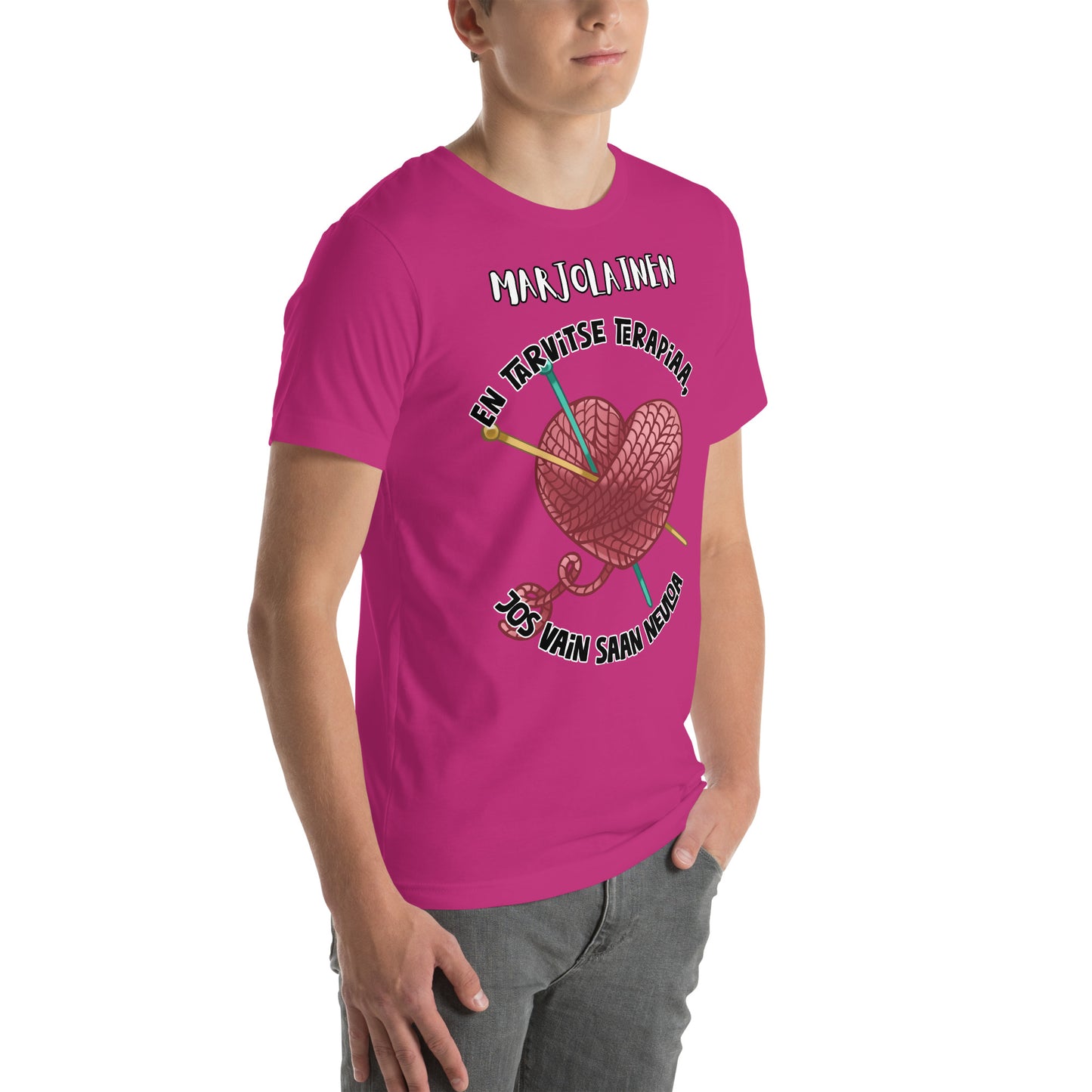Unisex t-paita: oma teksti + en tarvitse terpiaa, jos vain saan neuloa