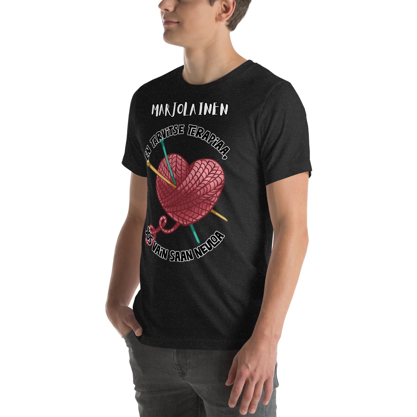 Unisex t-paita: oma teksti + en tarvitse terpiaa, jos vain saan neuloa