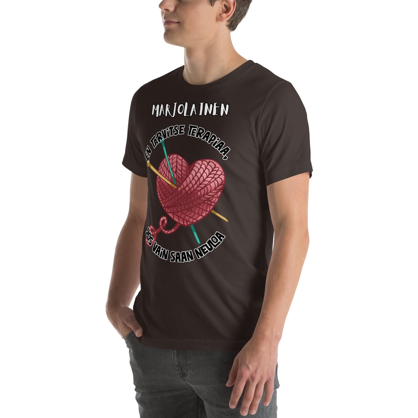 Unisex t-paita: oma teksti + en tarvitse terpiaa, jos vain saan neuloa
