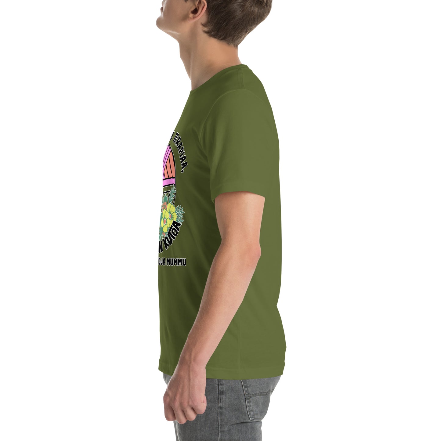 Unisex t-paita: En tarvitse terapiaa, jos vain saan kutoa + lisää tekstiä